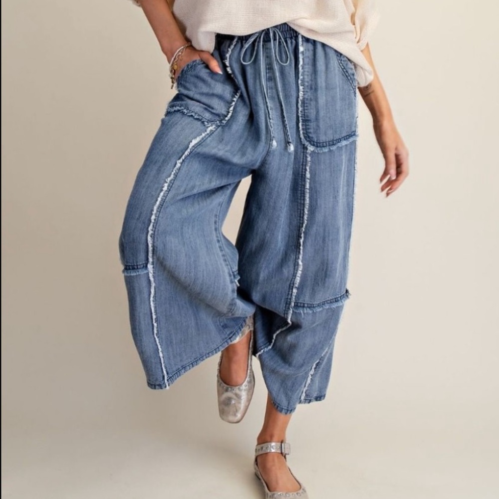 1X -3X 362 ❤️ EASEL BLUE SELF FRAY WASHED CHAMBRAY PALAZZO
PLUS PANTS - Picture 4 of 5